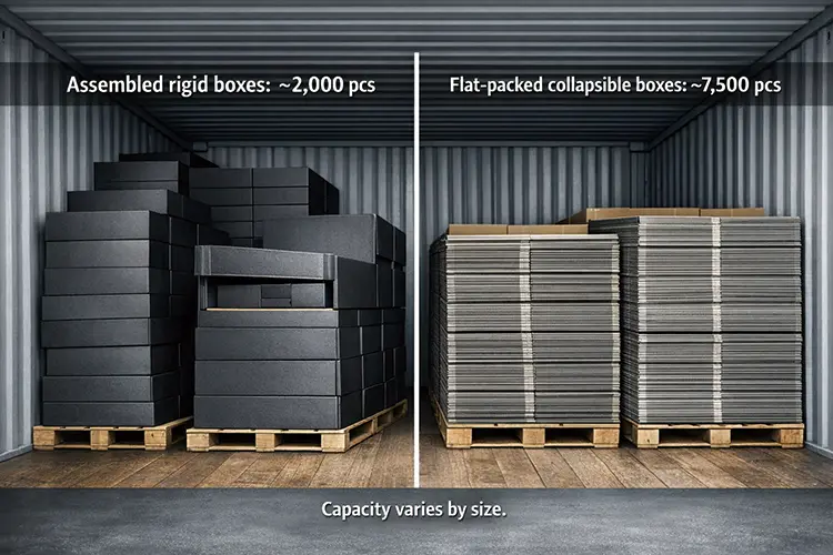 40ft container comparison showing assembled rigid boxes versus flat-packed collapsible rigid boxes to illustrate shipping volume efficiency differences