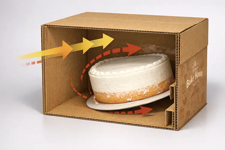 Cake sliding inside oversized corrugated delivery box showing how vibration and braking during transport cause movement
