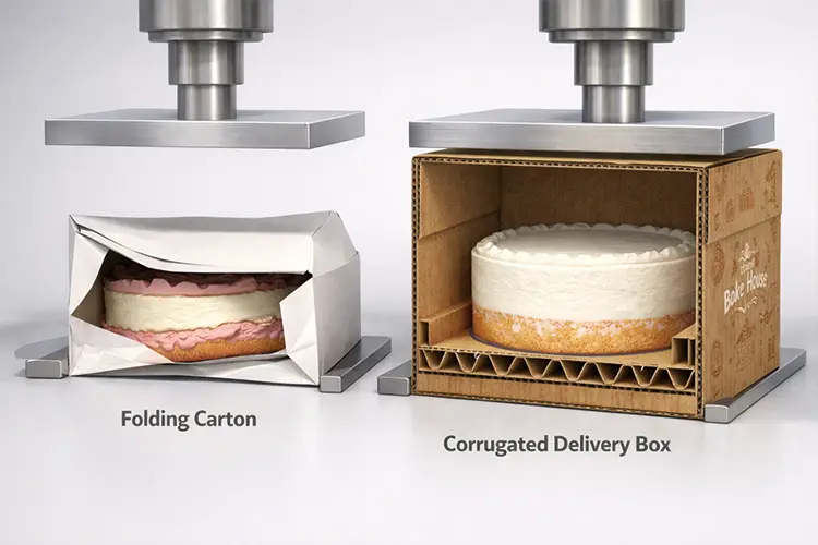 Compression test comparing folding carton cake box collapsing and corrugated delivery box maintaining structure