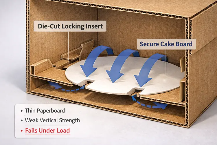 Die cut cardboard insert locking cake board inside bakery delivery box preventing movement during transport