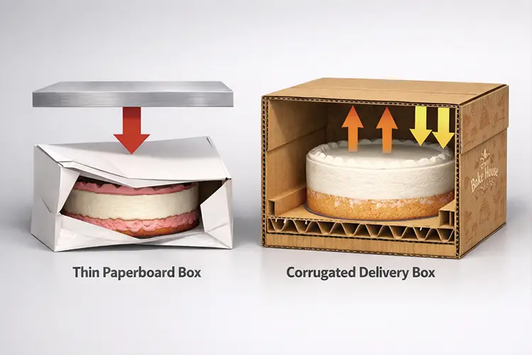 Thin retail cake box collapsing under stacking pressure while corrugated bakery delivery box resists compression during transport