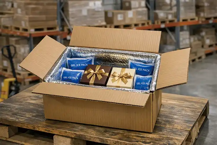 Open corrugated shipping box with insulated foil liner and gel ice packs protecting chocolate gift boxes during temperature-controlled transport