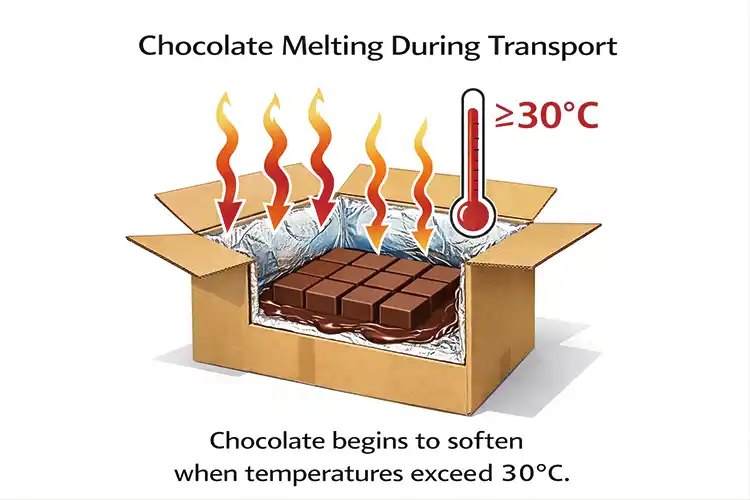 Illustration showing chocolate melting inside an insulated carton when external temperatures rise above 30°C during transportation