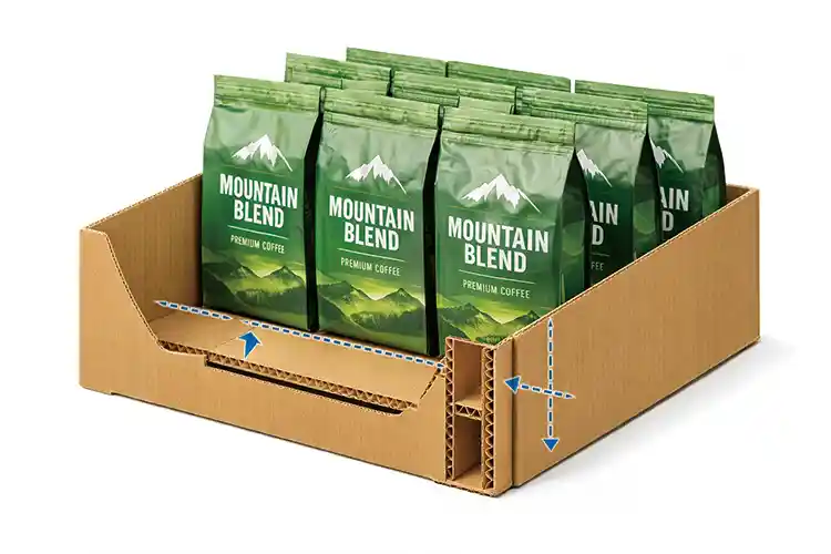 Corrugated cardboard display tray holding stand-up coffee bags upright designed for retail shelf ready packaging and improved product alignment