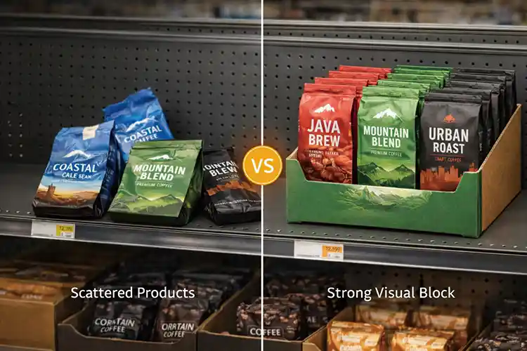 Organized coffee bags inside a display tray creating a strong visual block compared with scattered coffee packaging on a retail shelf