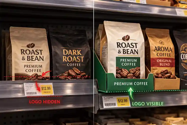 Coffee bags partially hidden behind a retail shelf price rail compared with display tray packaging that raises the product logo into the shopper view