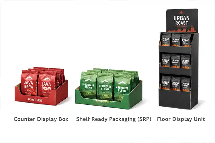 Three types of coffee retail display packaging including counter display box shelf ready packaging tray and floor display unit used in stores