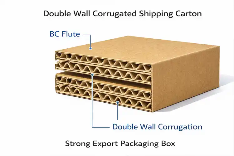 Cross section diagram of BC flute double wall corrugated carton structure designed for strong export shipping protection