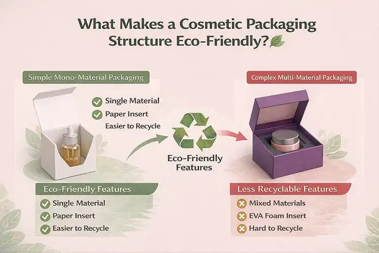 Diagram showing eco-friendly cosmetic packaging structures comparing mono material paper insert designs with multi material rigid box packaging