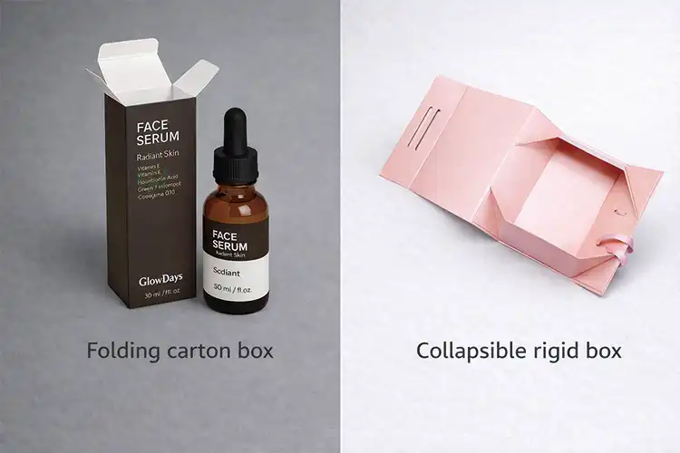 Folding carton box with serum bottle compared to collapsible rigid box structure showing differences in assembly and shipping form
