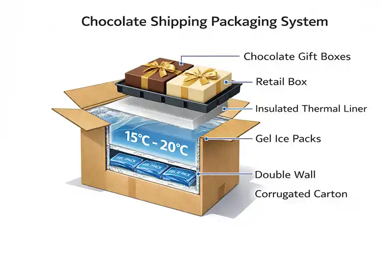 Layered chocolate shipping packaging system with retail box, thermal liner, gel ice packs, and double wall corrugated carton protection