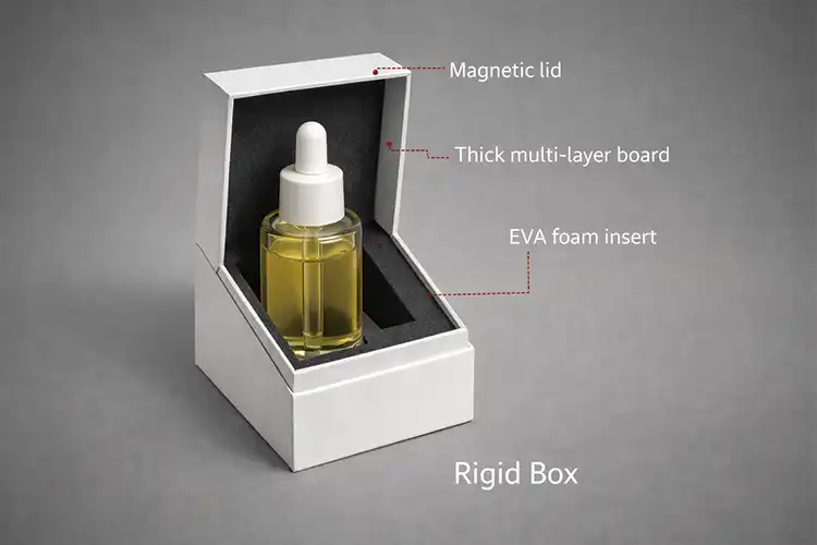 Rigid cosmetic box with magnetic lid and EVA foam insert holding glass bottle showing multi material structure complexity