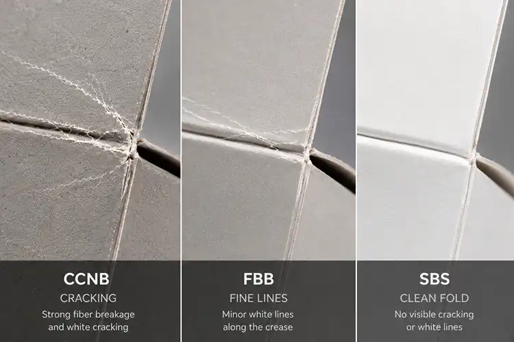 Folding comparison of CCNB, FBB, and SBS paperboards showing visible cracking, fine stress lines, and clean folding performance differences