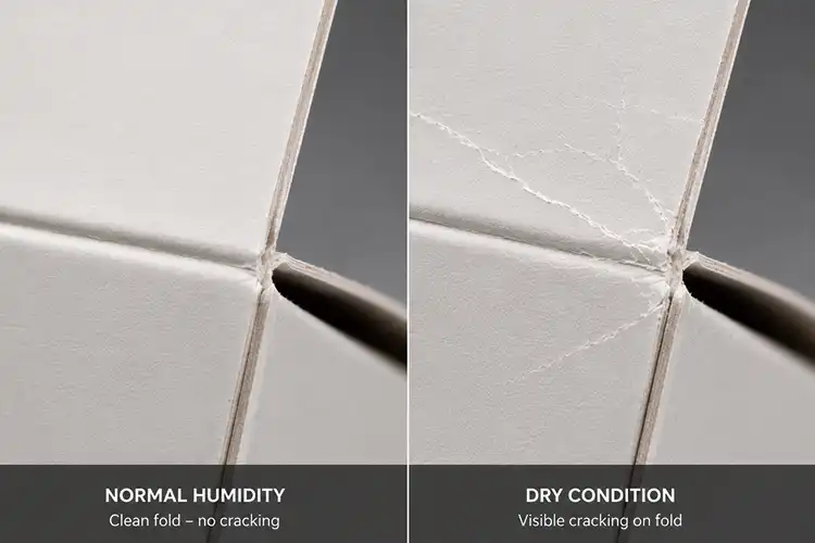 Comparison of normal humidity and dry condition folding results showing increased white cracking under low moisture environments
