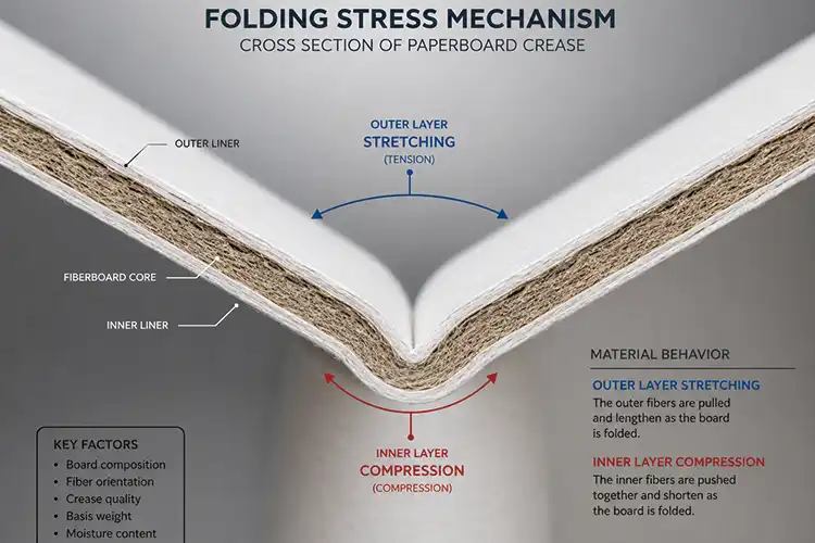 Cross-section diagram showing paperboard crease stress where outer fibers stretch and inner fibers compress during folding carton forming