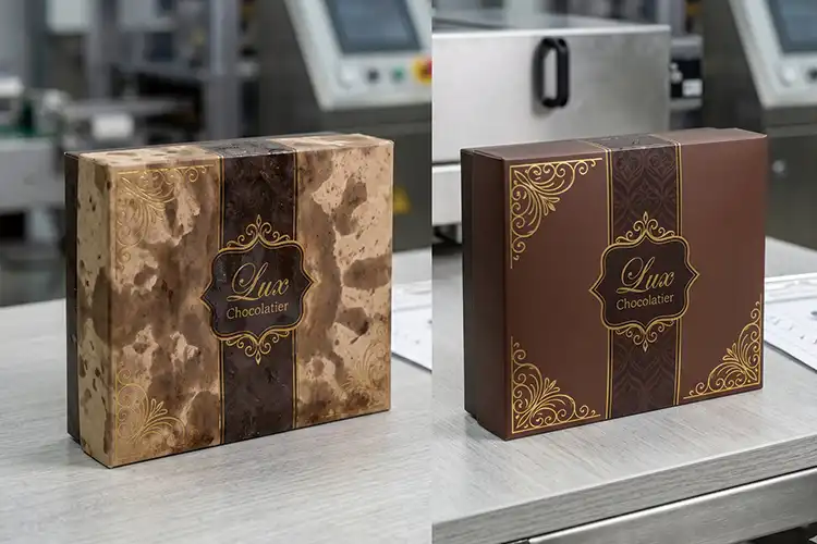 Chocolate gift boxes showing packaging failure caused by insufficient barrier protection during storage