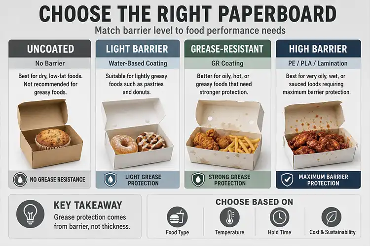 Paperboard barrier comparison showing how food type determines grease resistance requirements