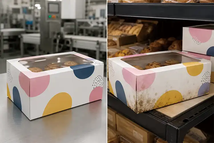 Bakery box appears clean during inspection but develops grease stains after retail storage