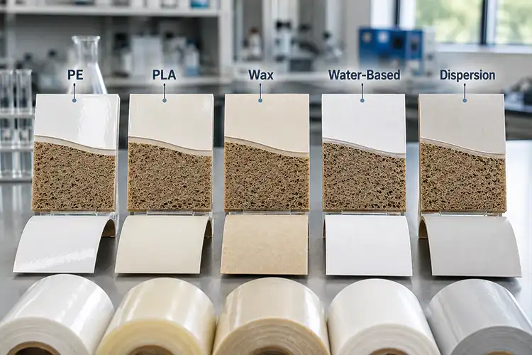 Comparison of PE PLA wax water-based and dispersion barrier coating structures on paperboard