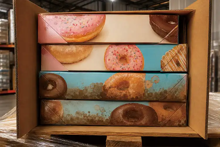 Donut boxes develop grease stains after extended shipping storage and stacking pressure exposure
