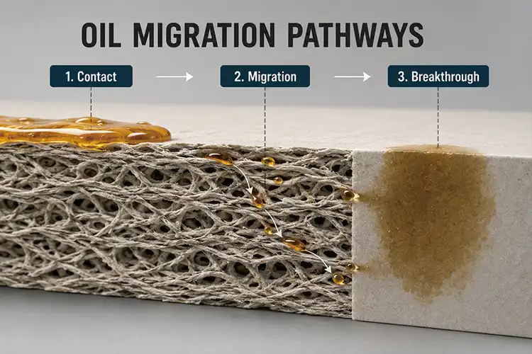 Oil migration diagram showing grease moving through paperboard fibers from contact to breakthrough