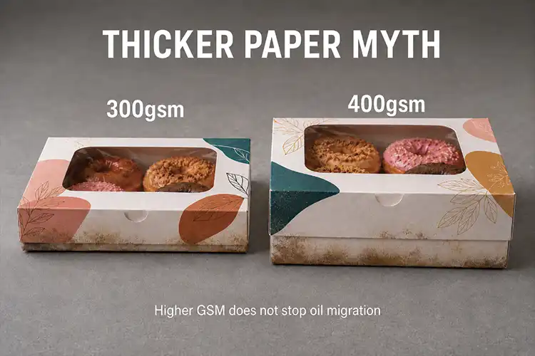Comparison of 300gsm and 400gsm donut boxes showing grease stains despite increased paper thickness