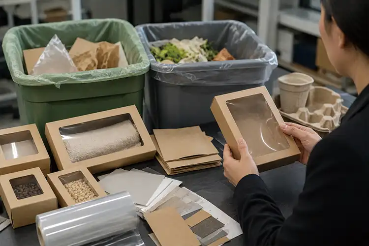 Packaging engineer assessing transparent window packaging materials near recycling and waste collection systems during sustainability evaluation