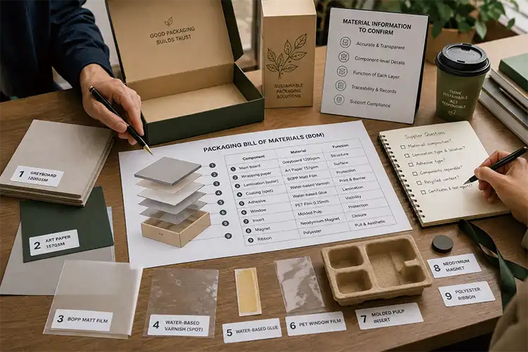Packaging BOM review showing greyboard, paper, film, coating, adhesive, PET window, molded pulp, magnet, and ribbon components.