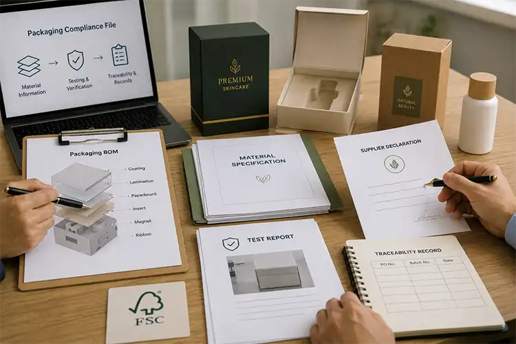 Packaging compliance file with BOM, material specification, supplier declaration, test report, traceability record, and box samples.