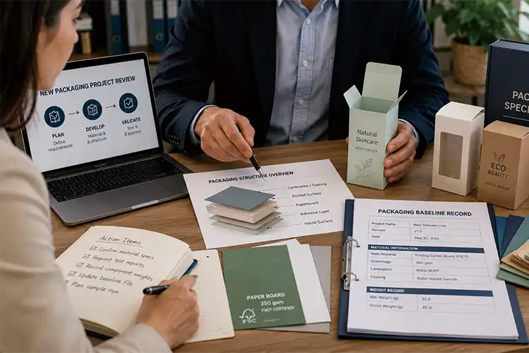 Buyer and packaging supplier reviewing material specifications, packaging structure, and baseline records for a new box project.