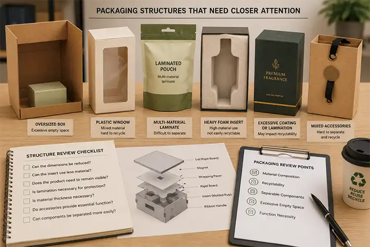 Packaging structure review comparing oversized boxes, plastic windows, laminated materials, foam inserts, coatings, and accessories.