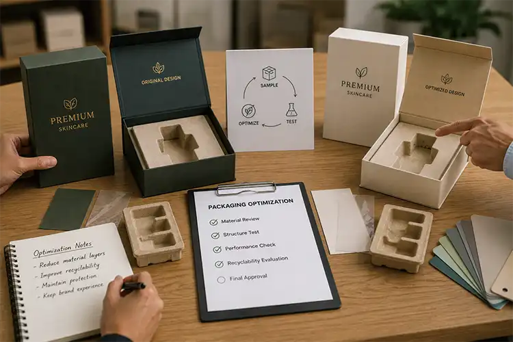 Original and optimized skincare boxes compared with molded pulp inserts during packaging material, structure, and performance testing.