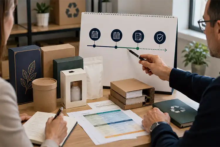 Packaging professionals reviewing a compliance timeline beside paper boxes, window cartons, pouches, and material documents.