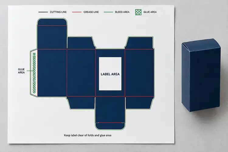 Navy carton dieline with a reserved label area positioned away from red crease lines and the glue flap.