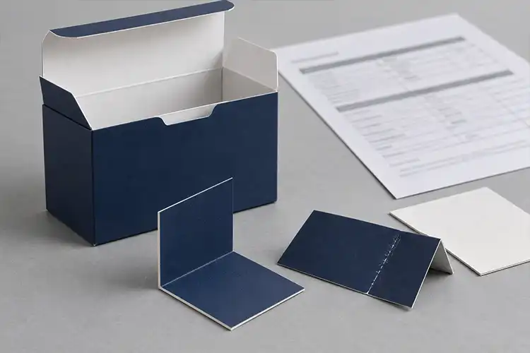 Open navy carton beside folded paperboard samples showing a clean crease and visible fold cracking.