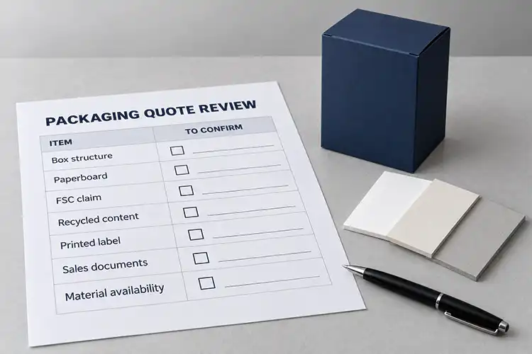 Packaging quote checklist covering FSC claim, recycled content, labels, and documents beside a navy box.