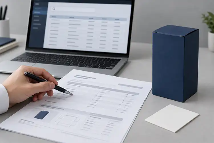 A hand reviews packaging documents beside a laptop, navy carton, and white paperboard sample.