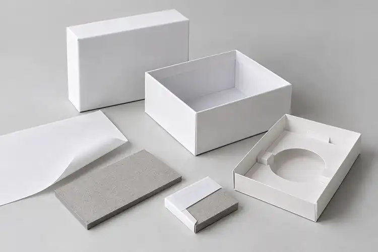 White rigid box with separate paper insert, wrapping paper, greyboard sheet, and wrapped board sample.